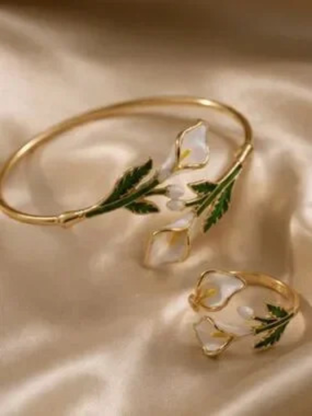 Anthropologie Gold Floral Bracelet and Ring Set